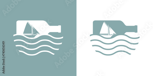 Logo Nautical. Silueta de barco de vela en botella con olas de mar