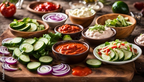 Thousand Islands sauce and ingredients - cucumbers, onions, paprika, ketchup and mayonnaise in bowls on the table. American cuisine, dip for burgers and meat. 