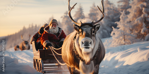 Santa Claus rides in a reindeer sleigh. He hastens to give gifts before Christmas.Santa Claus at winter.Festive Journey: Santa Claus Delivering Presents in the North Pole photo