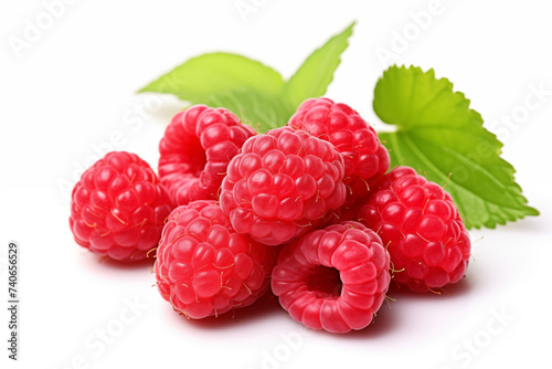 red raspberry with leaf closeup isolated on white background