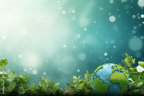 A vibrant Earth Day concept with a globe nestled among lush greenery against a bright  bokeh light background  ideal for messages on sustainability and conservation. Copy space.