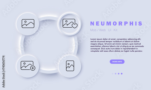 Photo gallery line icon. App, gallery, phone, photos, albums, tagging, cloud. Neomorphism style. Vector line icon for business and advertising