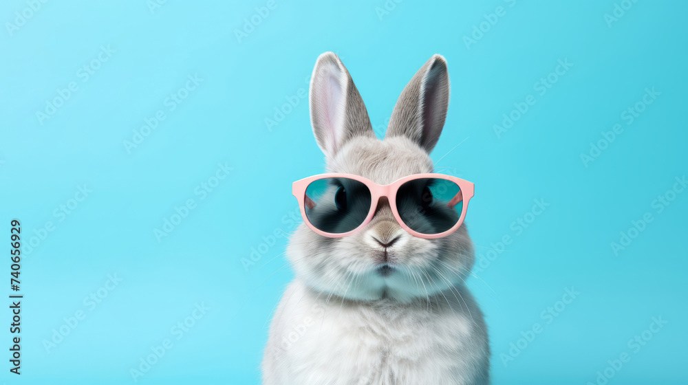 Stylish rabbit wearing pink sunglasses on a blue background, depicting humor and fun