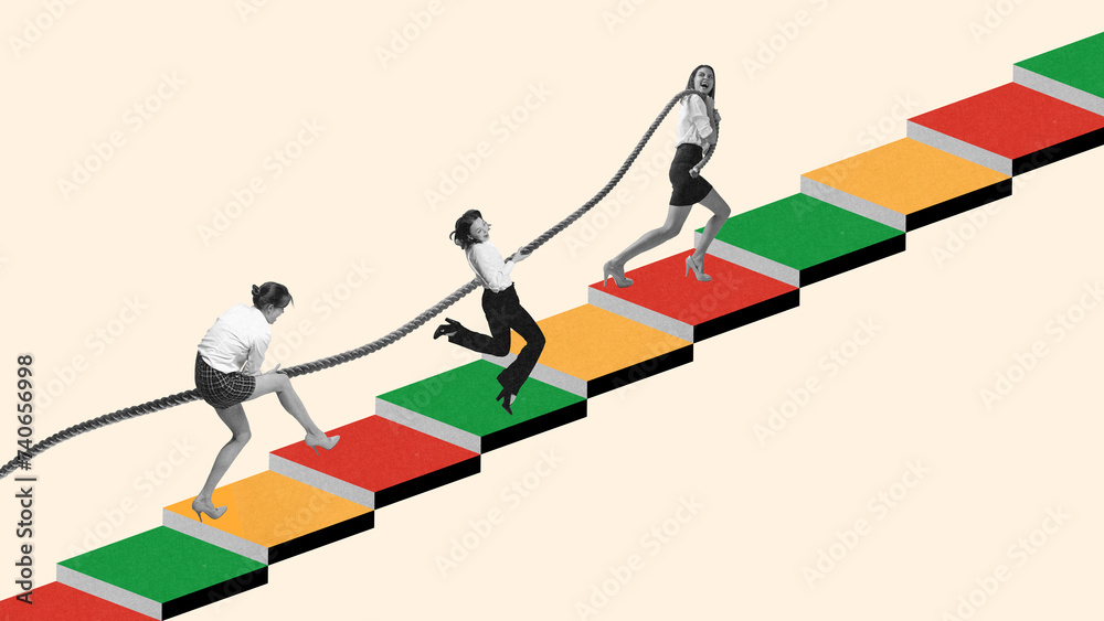 Ambitious and motivated young women, employees pulling rope and moving forwards on multicolored blocks. Growth. Contemporary art collage. Concept of business, teamwork, motivation, cooperation Ambitious and motivated young women, employees pulling rope and moving forwards on multicolored blocks. Growth. Contemporary art collage. Concept of business, teamwork, motivation, cooperation