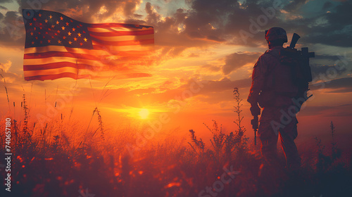 Sunrise silhouette of a soldier holding the USA flag against a vibrant sky, symbolizing patriotism and pride, Generative Ai.
