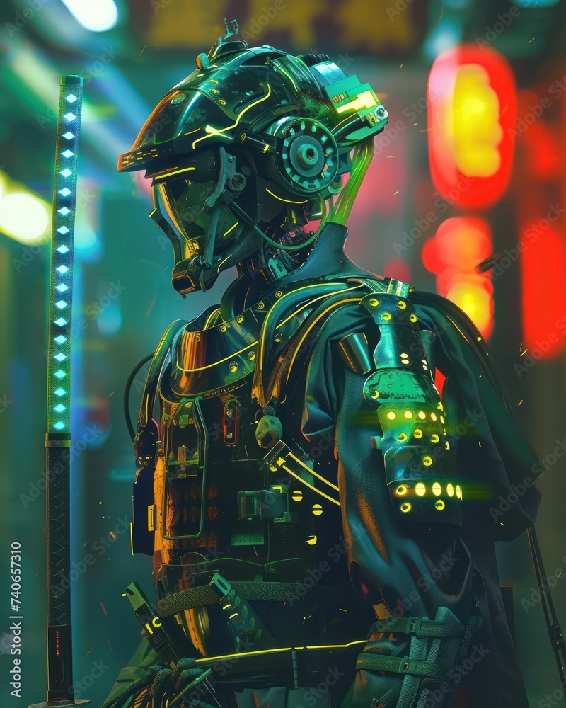 eclectic robot samurai with a katana, neon realism