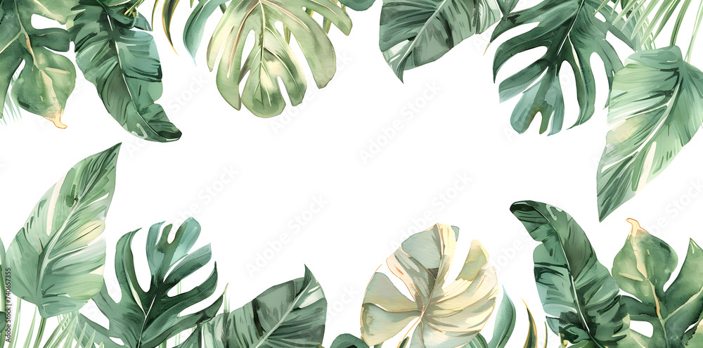 Watercolor frame with tropical leaves and jungle plants isolated on white with copy space for text - obrazy, fototapety, plakaty 