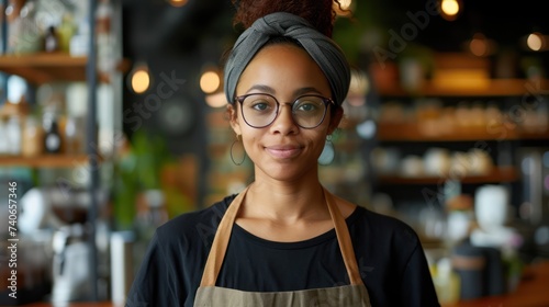 Attractive young woman at the counter in a coffee shop smiles affably and looks at the camera photo