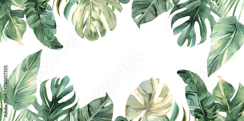 Watercolor frame with tropical leaves and jungle plants isolated on white with copy space for text photo