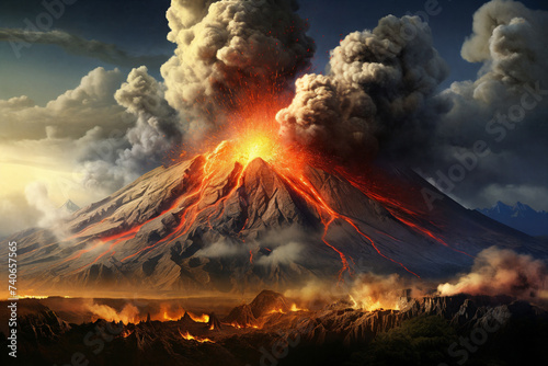 A majestic volcano spewing lava, dark plumes rising against a fiery sky. Generative AI.