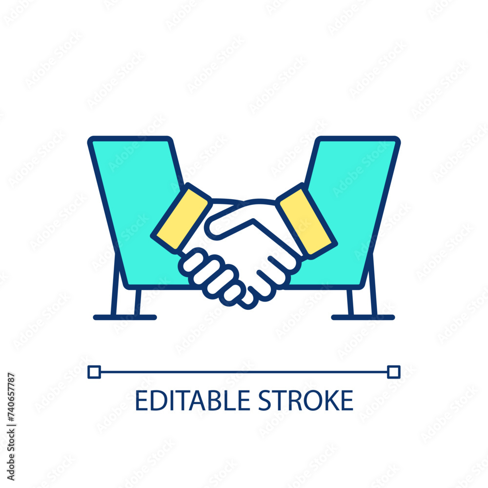 Handshake blue RGB color icon. Agreement between partners. Verbal commitment to transaction. Isolated vector illustration. Simple filled line drawing. Editable stroke
