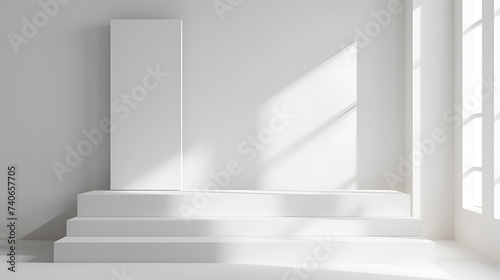 White podium on blank wall with square, Generative Ai. Enhance your space with minimalist elegance, featuring a pristine white podium set against a clean backdrop, crafted to elevate any environment. 