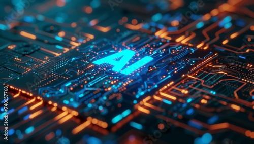 AI Artificial Intelligence technology chipset computer on a chip board with light connectione and glowing effect photo