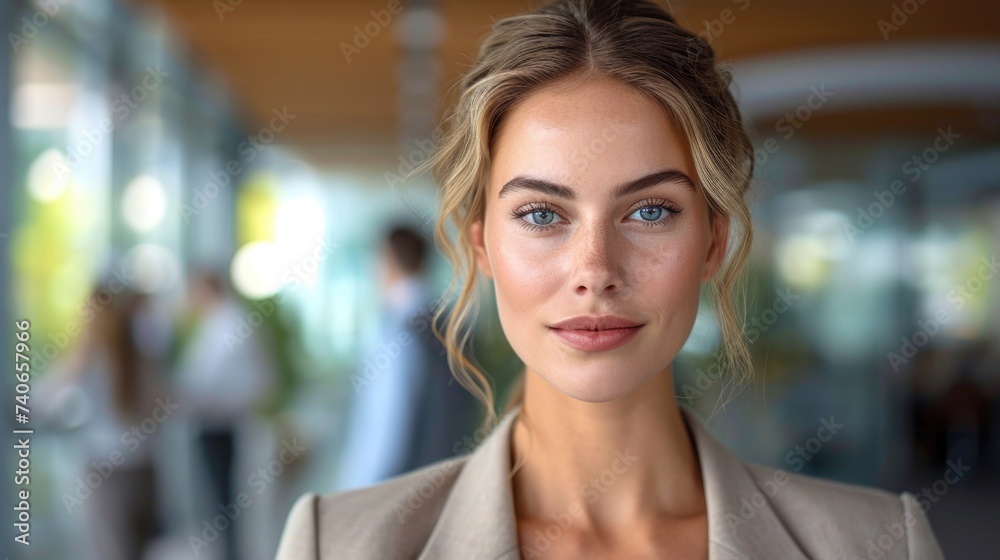 portrait of a woman, business woman in suit, beautiful confident woman in office with blurred staff working background,