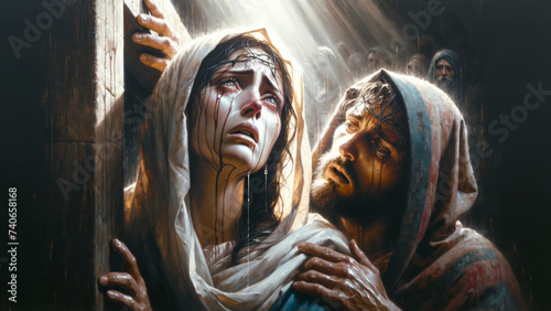 The Crucifixion: The Sorrow of Mary comforted by the disciple John at the foot of the Cross, Mother in Tears and Distress