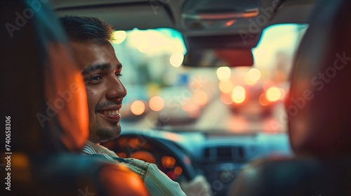 Backseat view of the taxi driver, man cab driving profession, city traffic, cars blurred in the background. Talking to a tourist, service