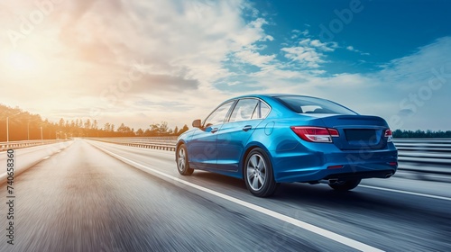 Blue business car on the highway road, vehicle transport at high speed blurred in motion. Modern automobile freeway drive outdoors