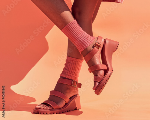 Dusty Rose Sandals with Socks, Bold Shadow on Coral, Urban Edge photo