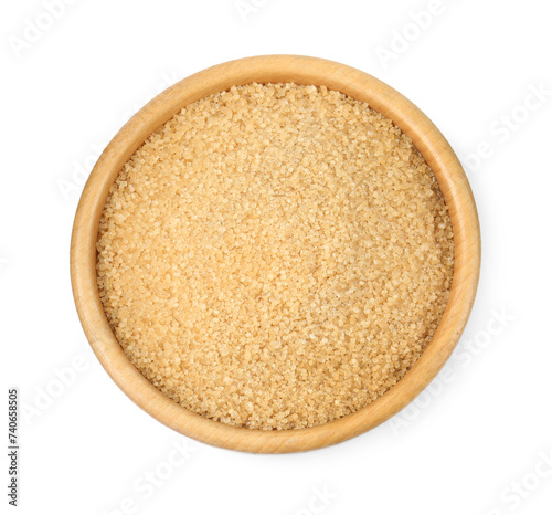 Brown sugar in bowl isolated on white, top view