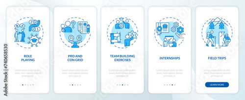Experiential learning blue onboarding mobile app screen. Education walkthrough 5 steps editable graphic instructions with linear concepts. UI, UX, GUI template. Myriad Pro-Bold, Regular fonts used