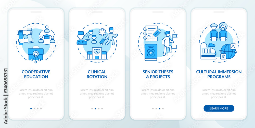 Education types blue onboarding mobile app screen. Activities walkthrough 4 steps editable graphic instructions with linear concepts. UI, UX, GUI template. Myriad Pro-Bold, Regular fonts used