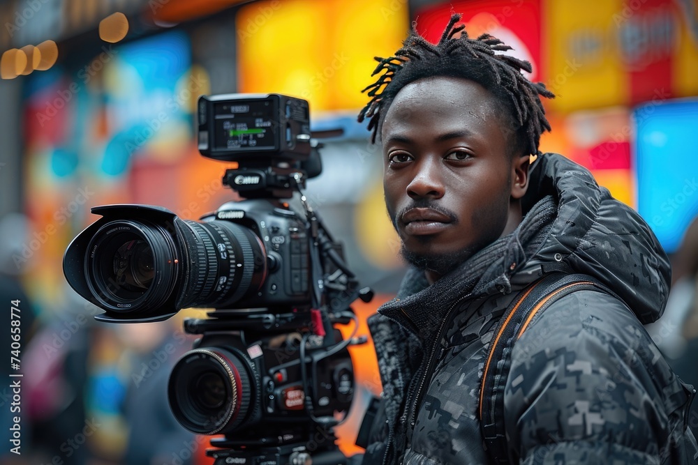Man creating digital content whether it's a podcast or a video. He uses cameras, microphones and computers Man creating digital content whether it's a podcast or a video. He uses cameras, microphones and computers