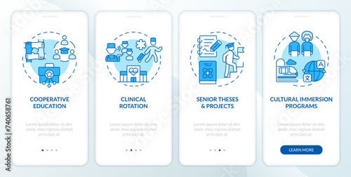 Education types blue onboarding mobile app screen. Activities walkthrough 4 steps editable graphic instructions with linear concepts. UI, UX, GUI template. Myriad Pro-Bold, Regular fonts used