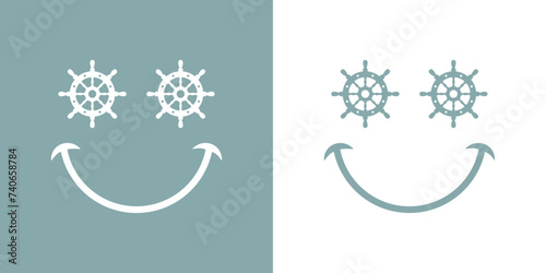 Logo Nautical. Silueta de emoticono con cara con timón de barco como ojos y sonrisa