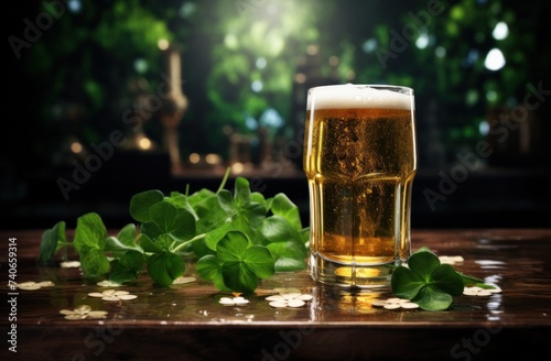 a large glass of beer in front of green shamrocks