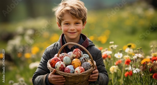 boy holding a basket full of decorated easter eggs