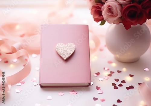 confetti hearts and pink notebook on a white table background