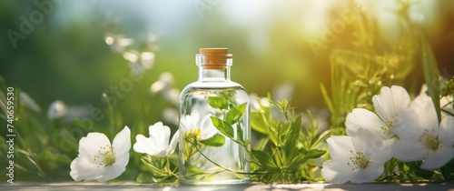 a bottle of oils with plants outside