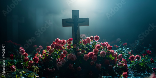 cross in the field.Christian Easter Floral Cross"