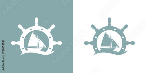 Logo Nautical. Silueta timón con barco de vela con olas de mar photo