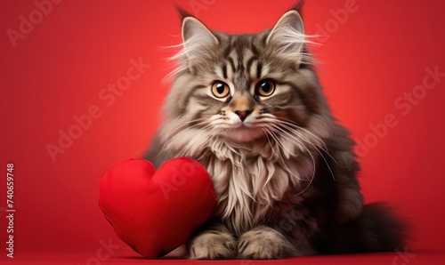 a cat is holding a red heart against a red background © olegganko