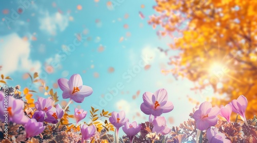 Autumnal Scene with Lovely Lilac Crocus Flowers Against a Blue Sky Backdrop