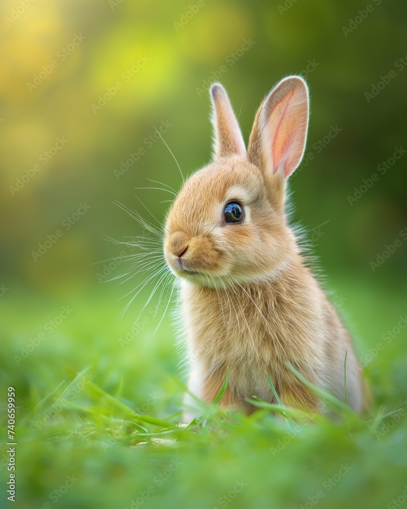 Adorable Young Rabbit Sitting in Lush Green Grass with Sunlight Filtering Through Adorable Young Rabbit Sitting in Lush Green Grass with Sunlight Filtering Through