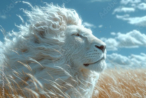 Portrait of a white lion in a field in summer