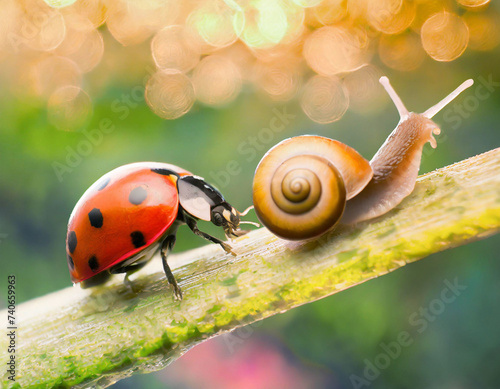 Little Snail and Tiny Ladybug Enjoy Sunlight Together on the Green Grass photo