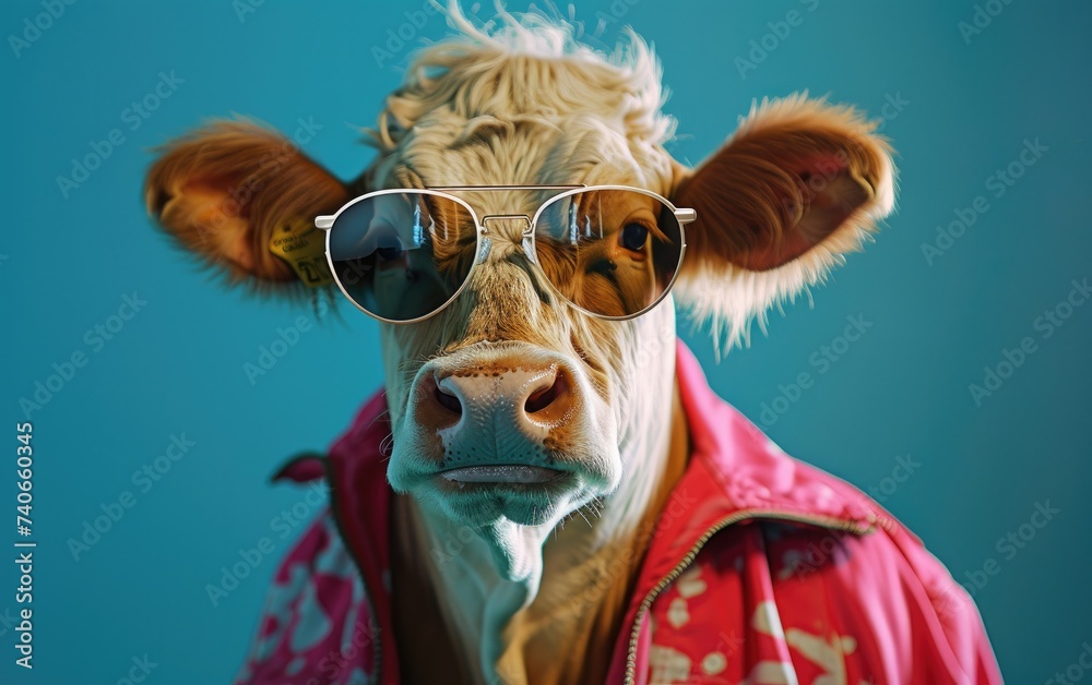 Cow Wearing Sunglasses and Red Jacket