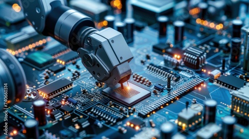 An advanced robotic arm is meticulously assembling electronics on a circuit b...