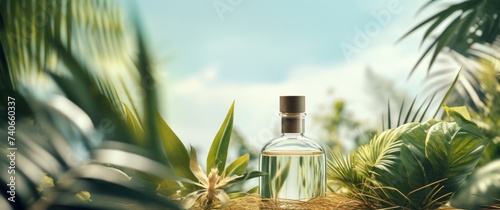 a bottle of oils with plants outside
