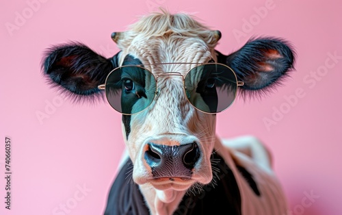 Cow Wearing Glasses Against Pink Background © hakule