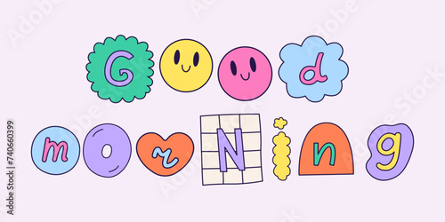 Good morning wish made with colorful ransom note letters. Hand drawn doodle phrase in 90s style. Positive text in collage, scrapbooking style. Y2k funky stickers. Vector design