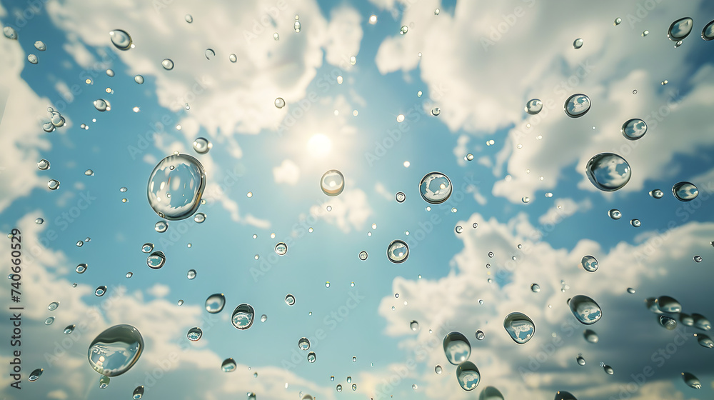 Water bubbles against the sky with clouds,
water drops against summer sky, Free Photo

