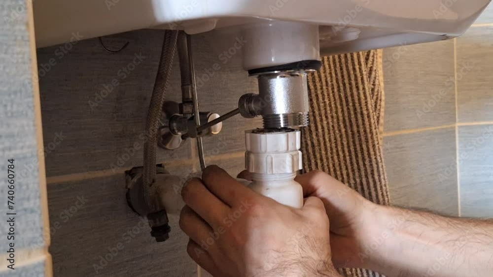 The plumber fixes the sink waste trap. A man's hands fix the installation under the washbasin in the bathroom. Concept of housekeeping, crafts, and construction.