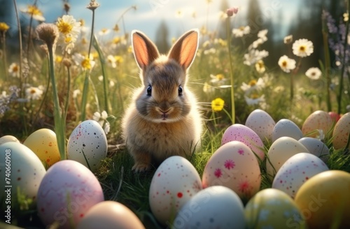 easter bunnies in a field of colorful eggs