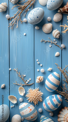 Easter eggs lie amidst shells and corals on blue wooden background. Coastal Easter celebration.