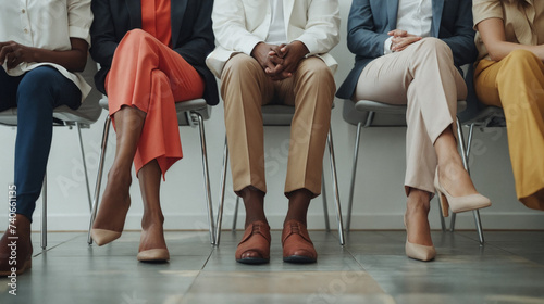 Dynamic Display of Diverse Individuals at a Job Interview, Focusing on Fashion Choices in Footwear and the Variety of Styles and Colors in Lower Half Outfits. Diversity and Inclusion in Business Setti photo