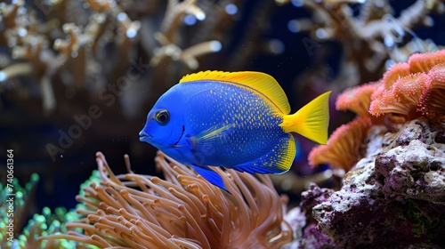 Vibrant damselfish swimming among colorful corals in a flourishing saltwater aquarium ecosystem photo
